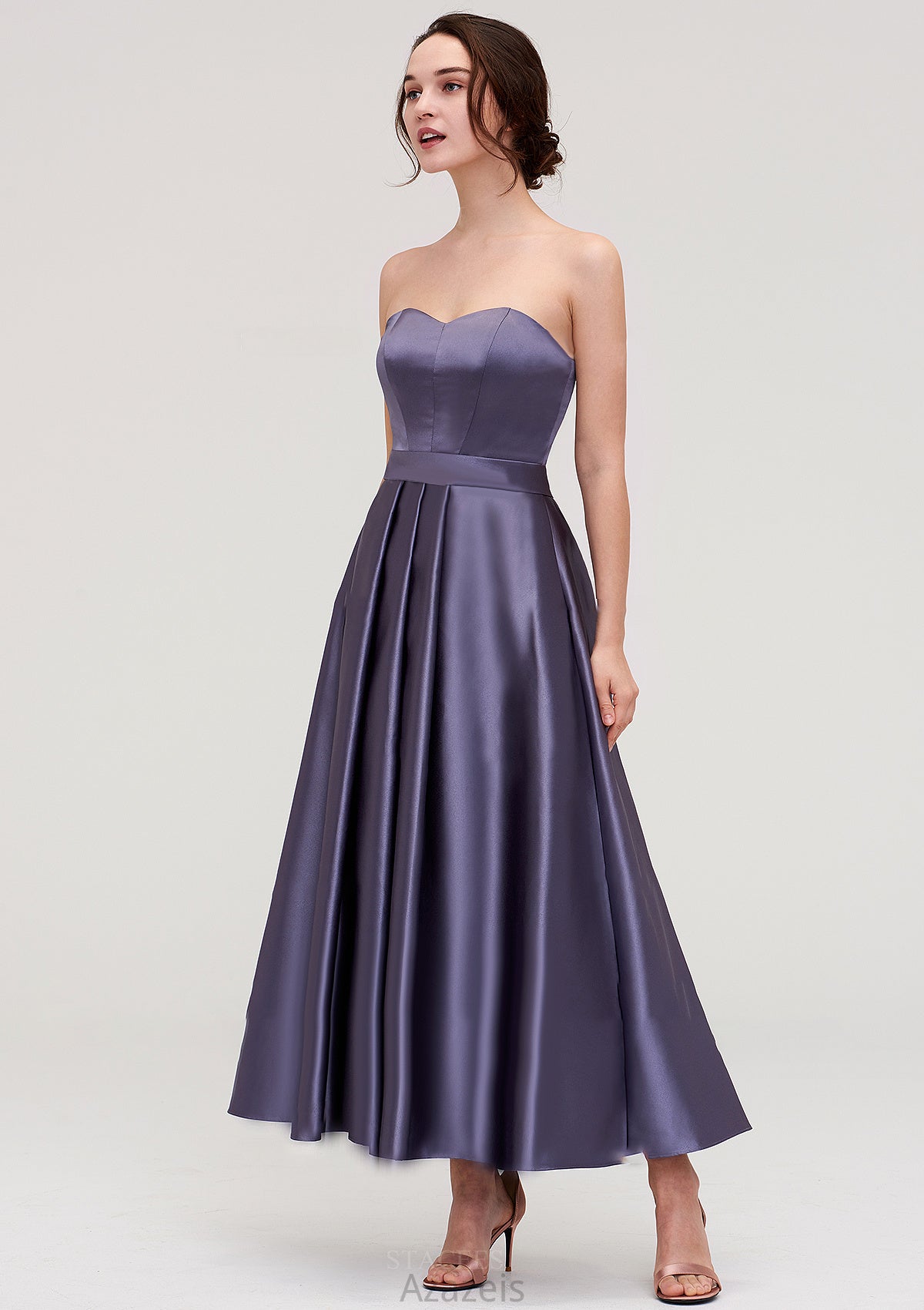 Sweetheart Sleeveless A-line/Princess Satin Ankle-Length Bridesmaid Dresses With Pleated Shannon DFP0025408