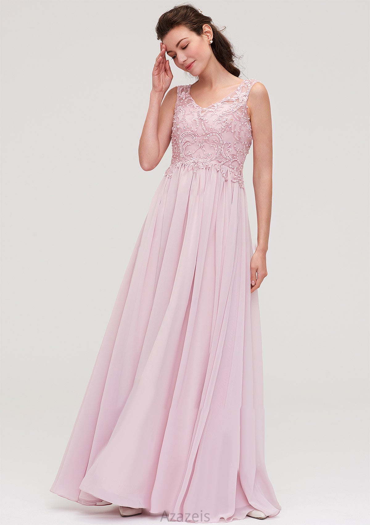 Sleeveless V Neck A-line/Princess Chiffon Long/Floor-Length Bridesmaid Dresseses With Beading Appliqued Clara DFP0025410