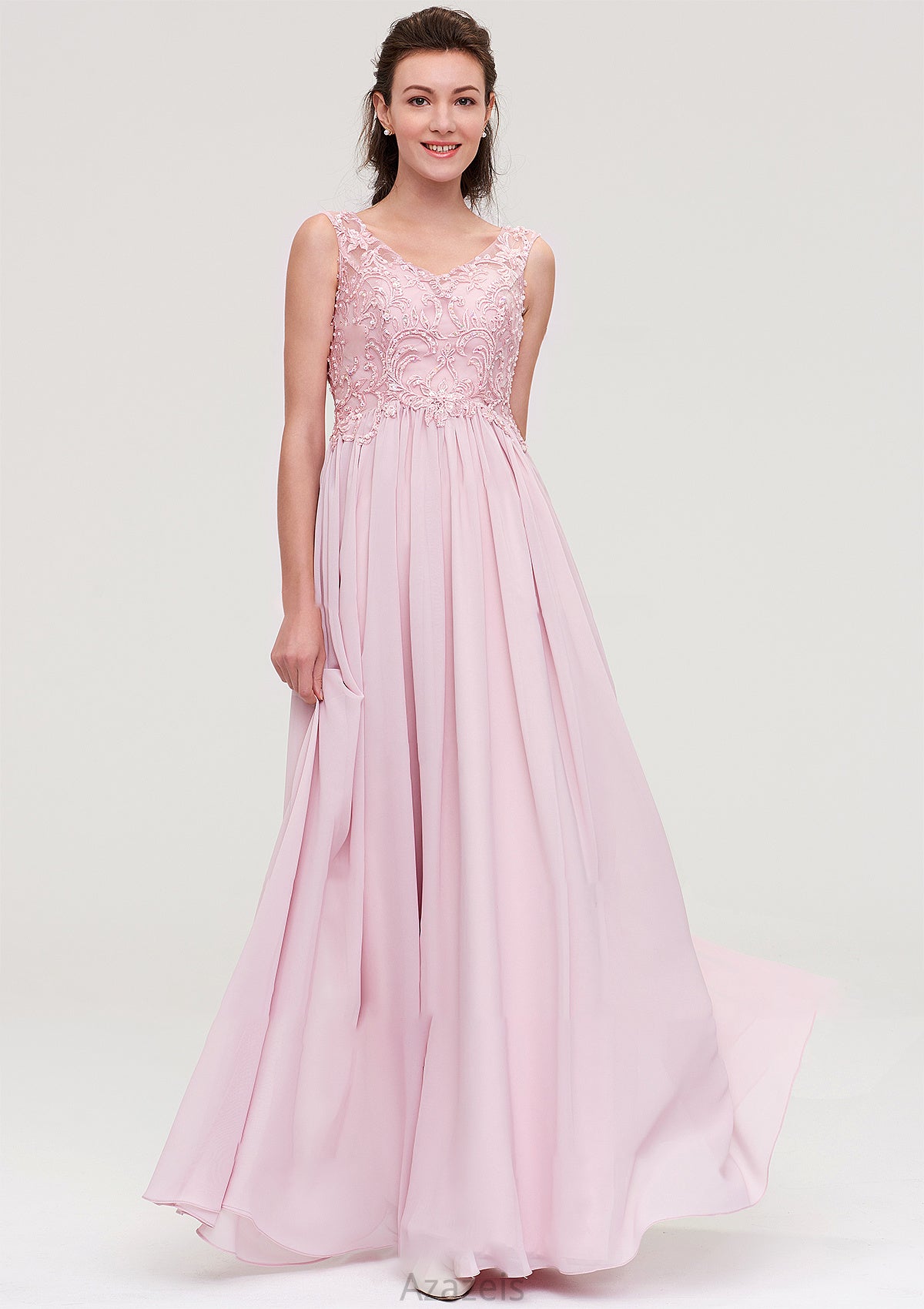 Sleeveless V Neck A-line/Princess Chiffon Long/Floor-Length Bridesmaid Dresseses With Beading Appliqued Clara DFP0025410