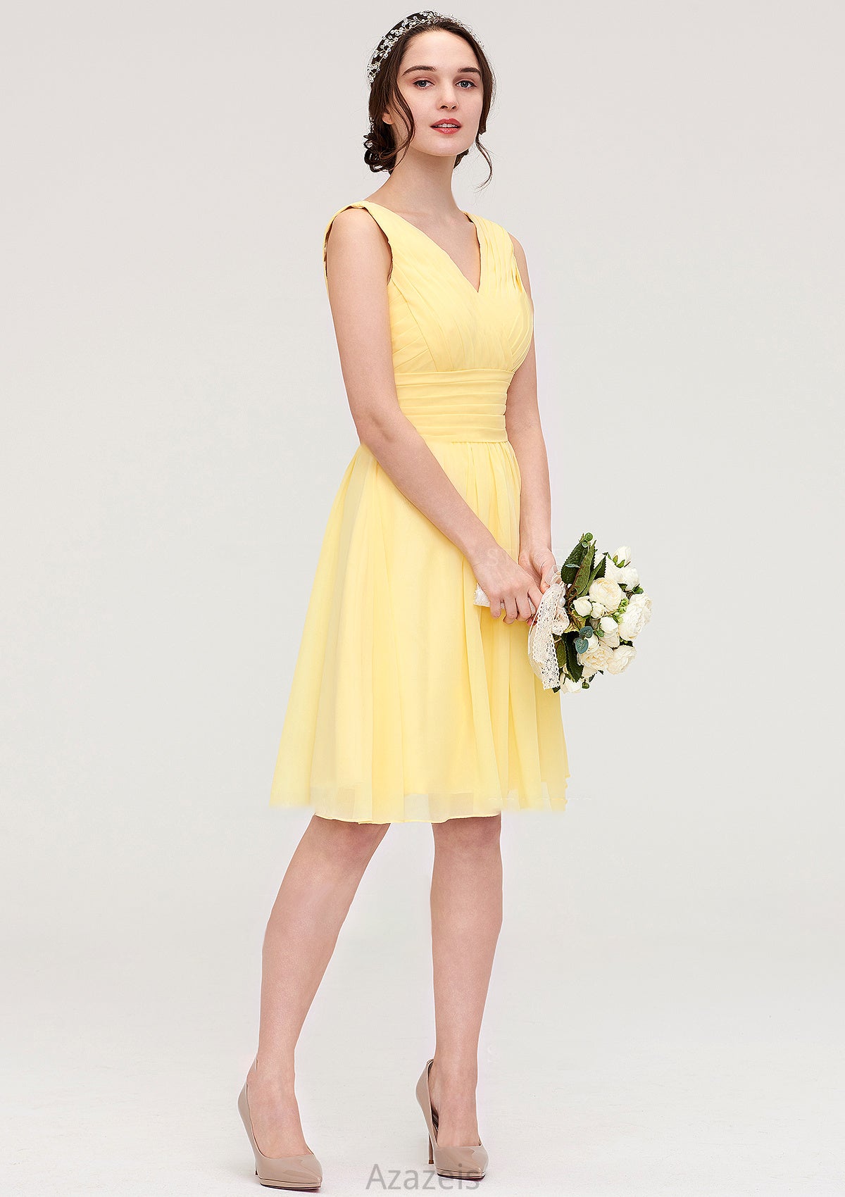 V Neck Sleeveless A-line/Princess Chiffon Knee-Length Bridesmaid Dresses With Pleated Victoria DFP0025414