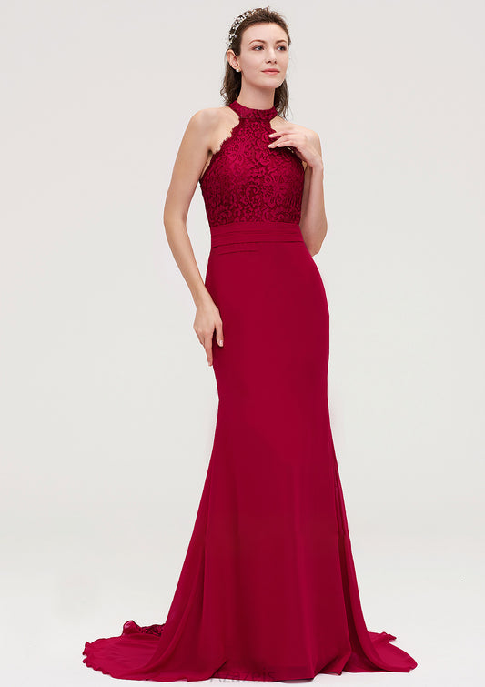 Sleeveless Scoop Neck Court Train Trumpet/Mermaid Chiffon Bridesmaid Dresseses With Lace Beryl DFP0025417