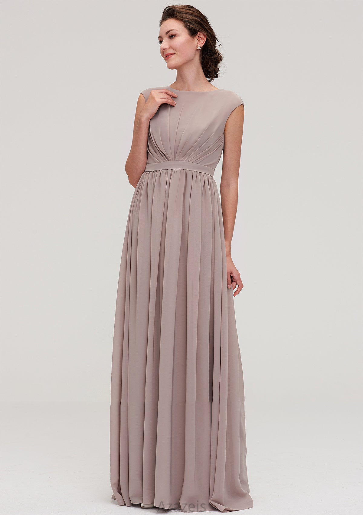 Bateau Sleeveless A-line/Princess Chiffon Long/Floor-Length Bridesmaid Dresses With Pleated Shaniya DFP0025420