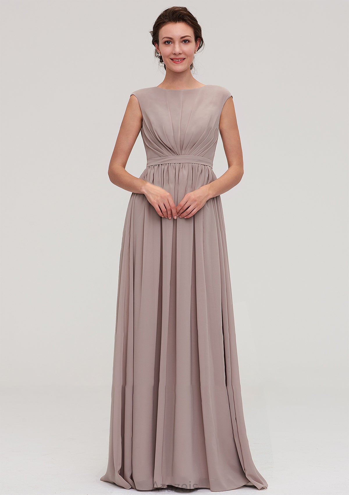 Bateau Sleeveless A-line/Princess Chiffon Long/Floor-Length Bridesmaid Dresses With Pleated Shaniya DFP0025420