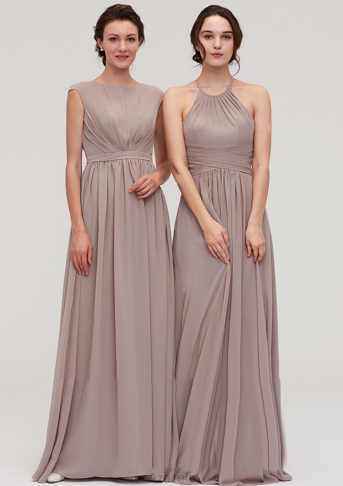 Bateau Sleeveless A-line/Princess Chiffon Long/Floor-Length Bridesmaid Dresses With Pleated Shaniya DFP0025420