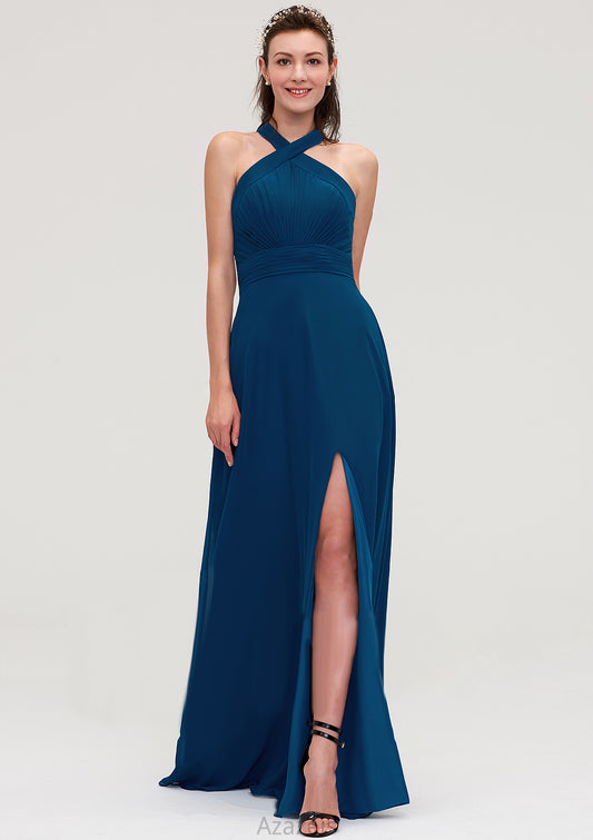 Scalloped Neck Sleeveless A-line/Princess Chiffon Long/Floor-Length Bridesmaid Dresseses With Split Pleated Ayana DFP0025424