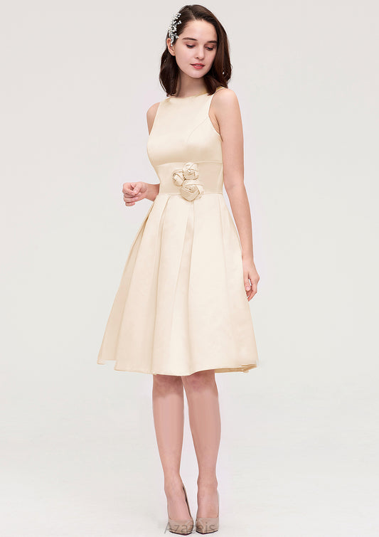 Sleeveless Bateau Knee-Length Satin A-line/Princess Bridesmaid Dresses With Pleated Flowers Makenna DFP0025425