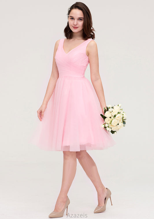 Sleeveless V Neck Knee-Length Tulle A-line/Princess Bridesmaid Dresses With Pleated Kaiya DFP0025426