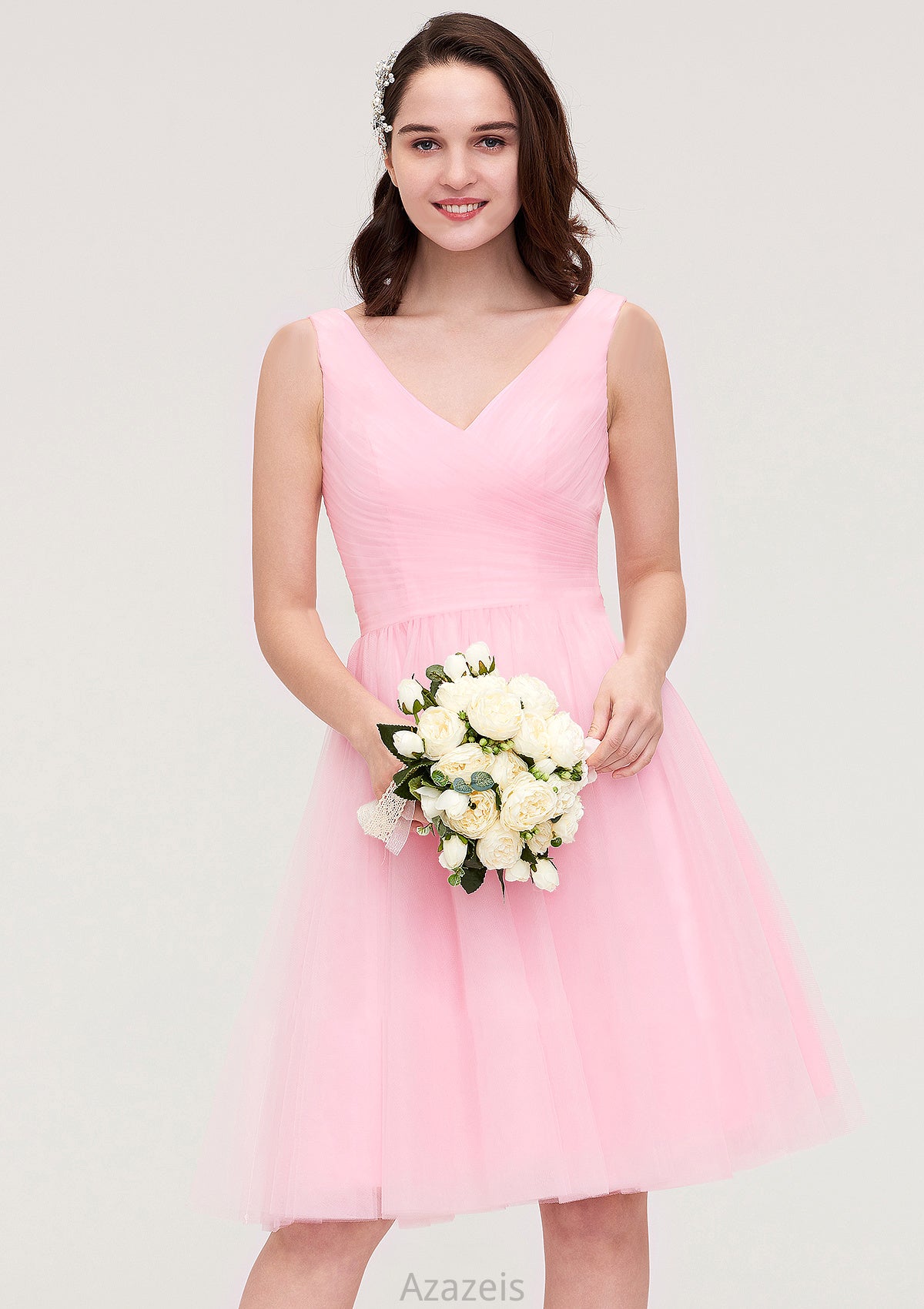 Sleeveless V Neck Knee-Length Tulle A-line/Princess Bridesmaid Dresses With Pleated Kaiya DFP0025426