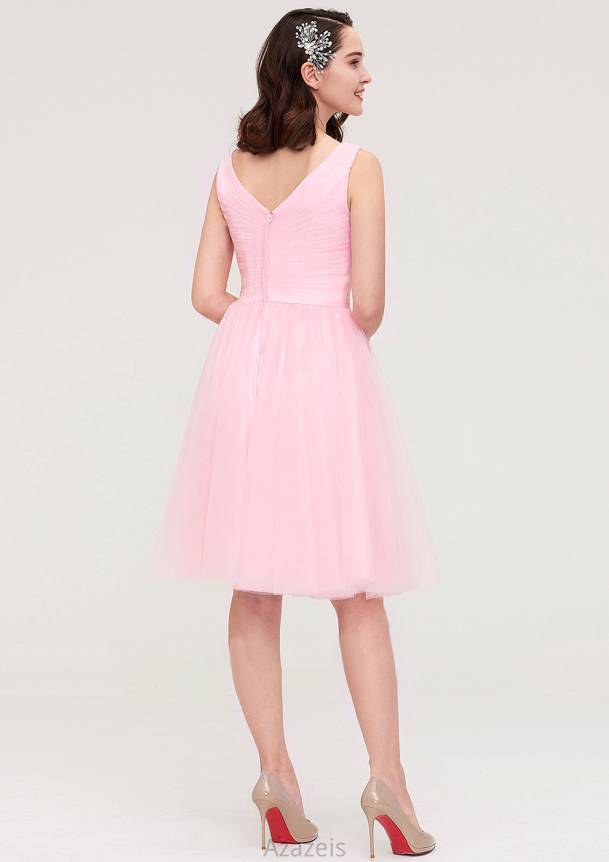 Sleeveless V Neck Knee-Length Tulle A-line/Princess Bridesmaid Dresses With Pleated Kaiya DFP0025426