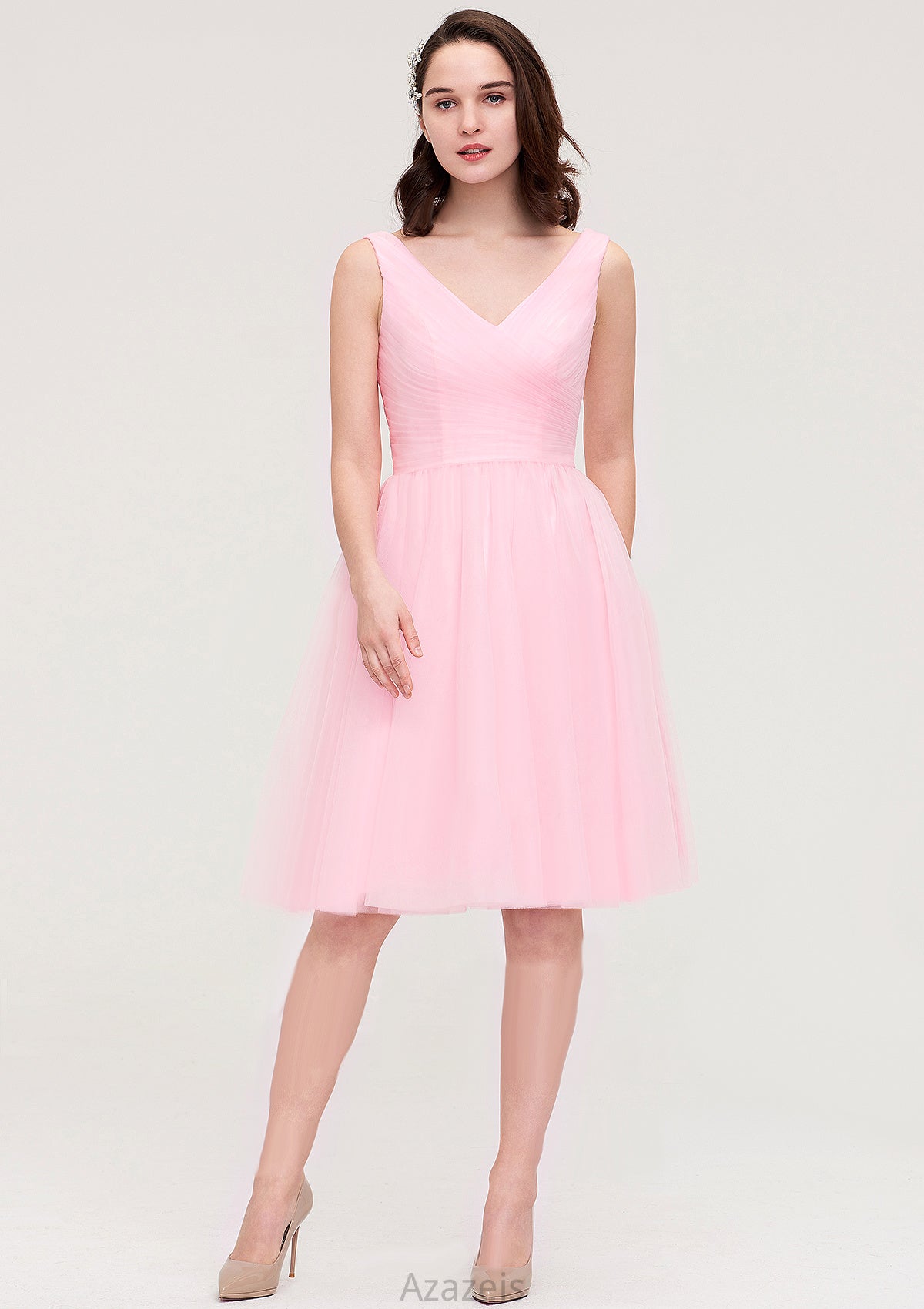 Sleeveless V Neck Knee-Length Tulle A-line/Princess Bridesmaid Dresses With Pleated Kaiya DFP0025426