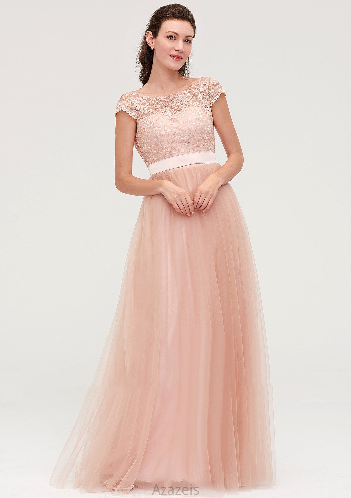 Bateau Sleeveless Tulle A-line/Princess Long/Floor-Length Bridesmaid Dresseses With Sashes Lace Cornelia DFP0025427