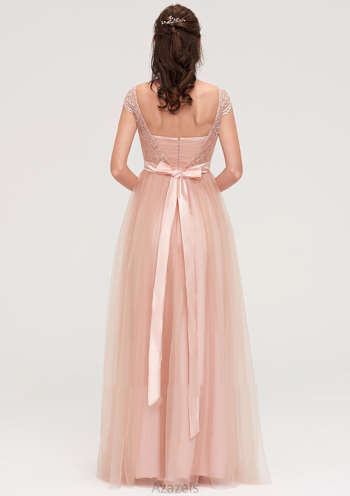 Bateau Sleeveless Tulle A-line/Princess Long/Floor-Length Bridesmaid Dresseses With Sashes Lace Cornelia DFP0025427