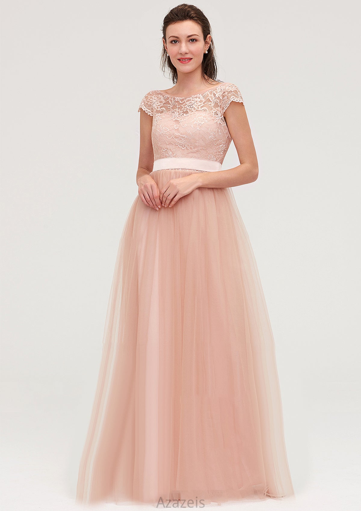 Bateau Sleeveless Tulle A-line/Princess Long/Floor-Length Bridesmaid Dresseses With Sashes Lace Cornelia DFP0025427