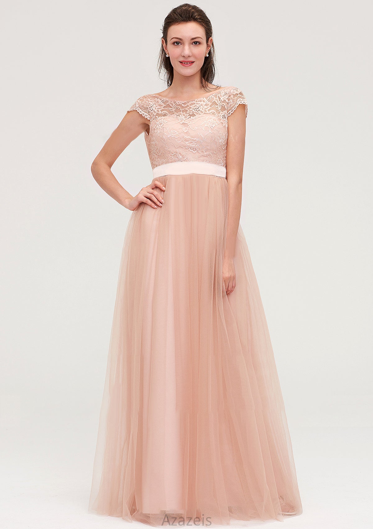 Bateau Sleeveless Tulle A-line/Princess Long/Floor-Length Bridesmaid Dresseses With Sashes Lace Cornelia DFP0025427