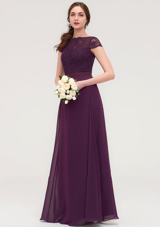 Short Sleeve Bateau Long/Floor-Length  Chiffon A-line/Princess Bridesmaid Dresses With Sashes Lace Amirah DFP0025428