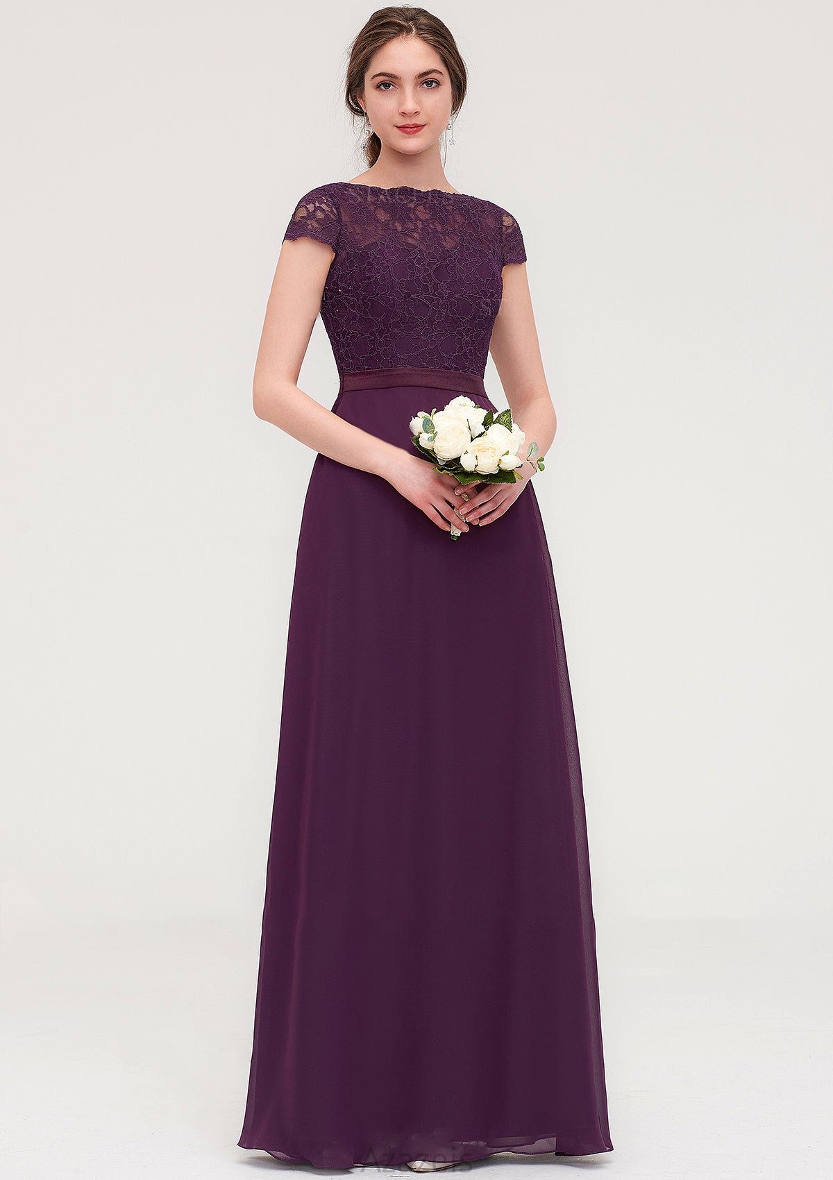 Short Sleeve Bateau Long/Floor-Length  Chiffon A-line/Princess Bridesmaid Dresses With Sashes Lace Amirah DFP0025428