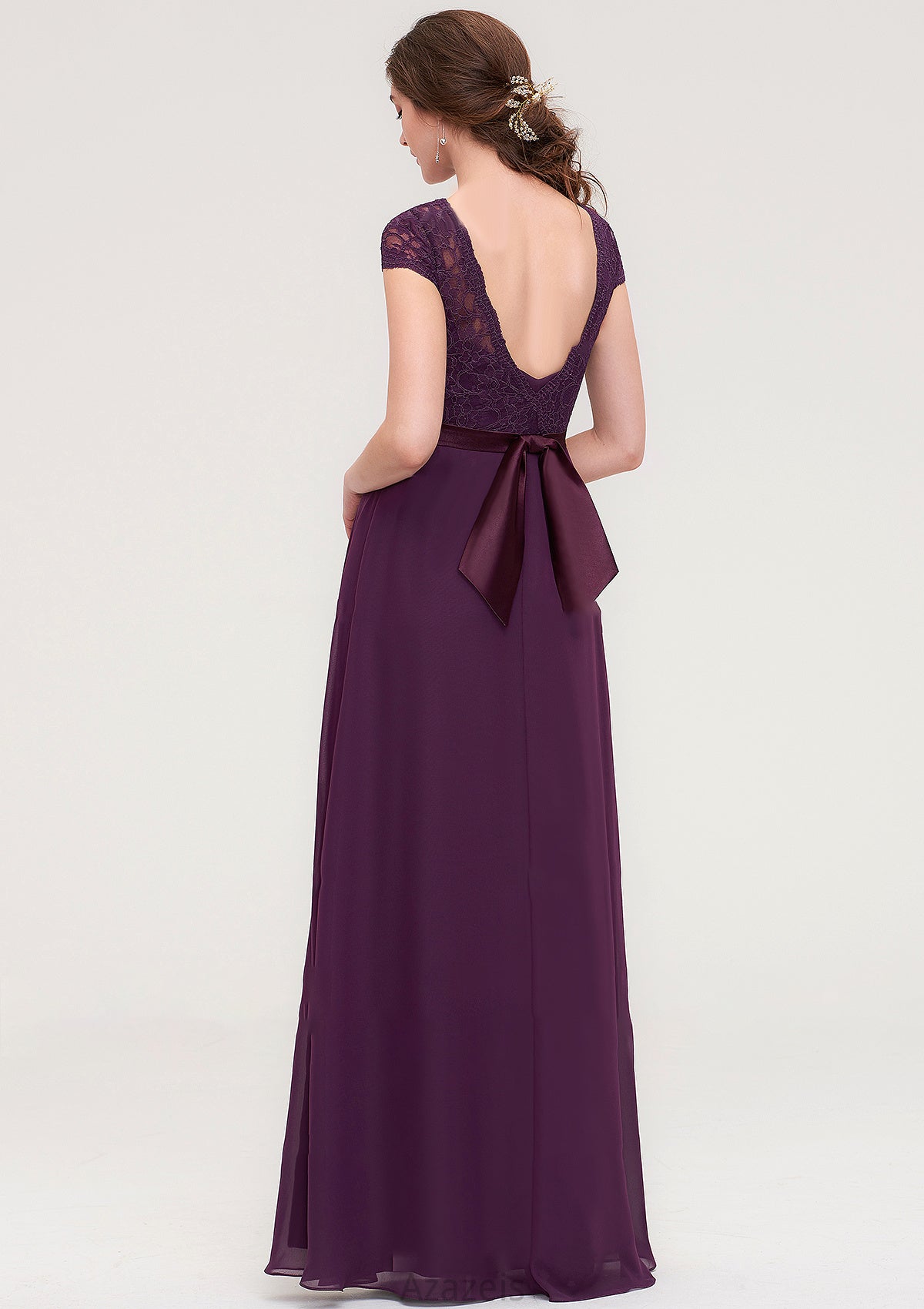 Short Sleeve Bateau Long/Floor-Length  Chiffon A-line/Princess Bridesmaid Dresses With Sashes Lace Amirah DFP0025428