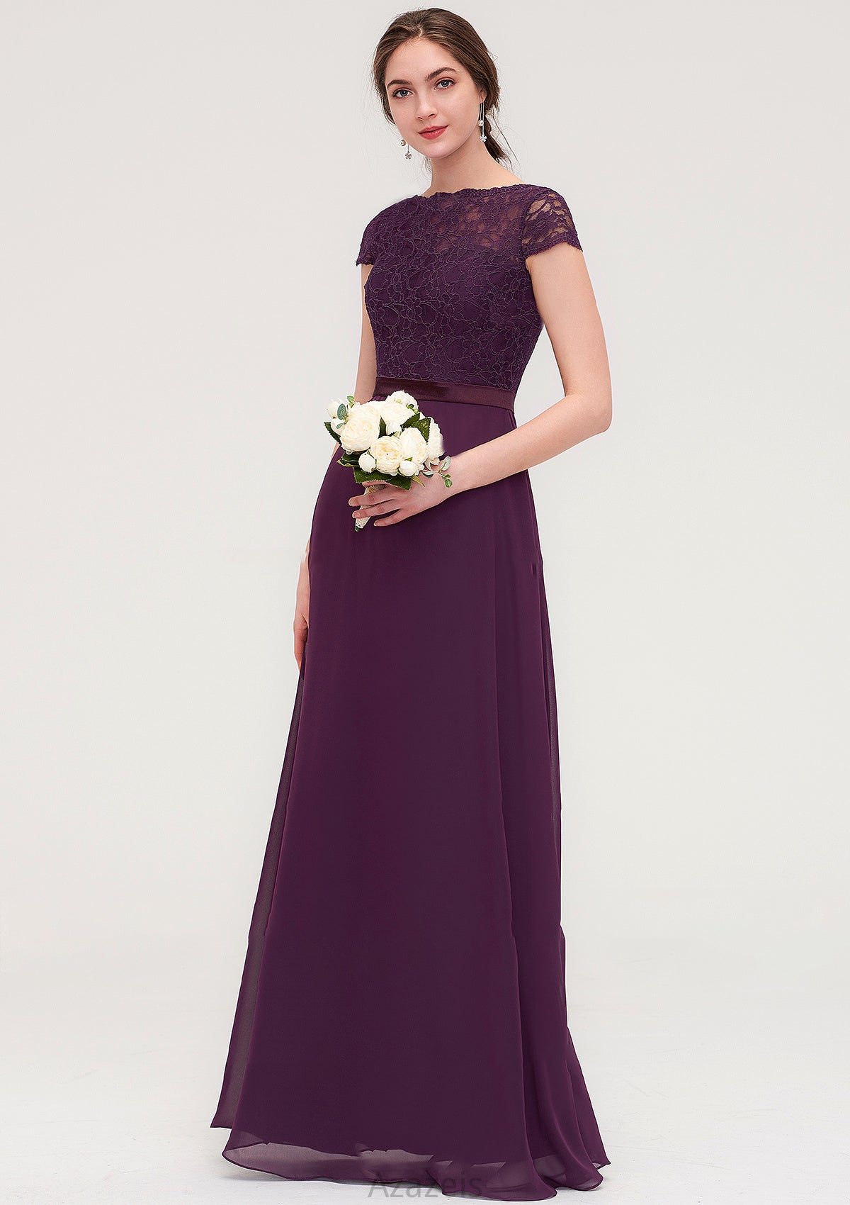 Short Sleeve Bateau Long/Floor-Length  Chiffon A-line/Princess Bridesmaid Dresses With Sashes Lace Amirah DFP0025428