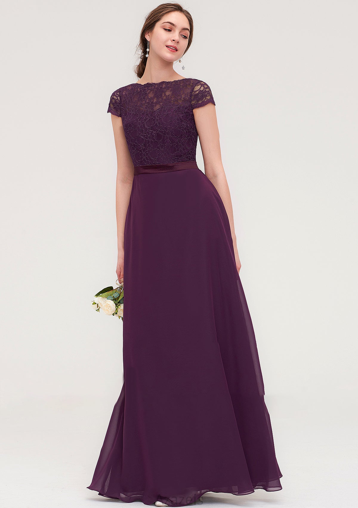 Short Sleeve Bateau Long/Floor-Length  Chiffon A-line/Princess Bridesmaid Dresses With Sashes Lace Amirah DFP0025428