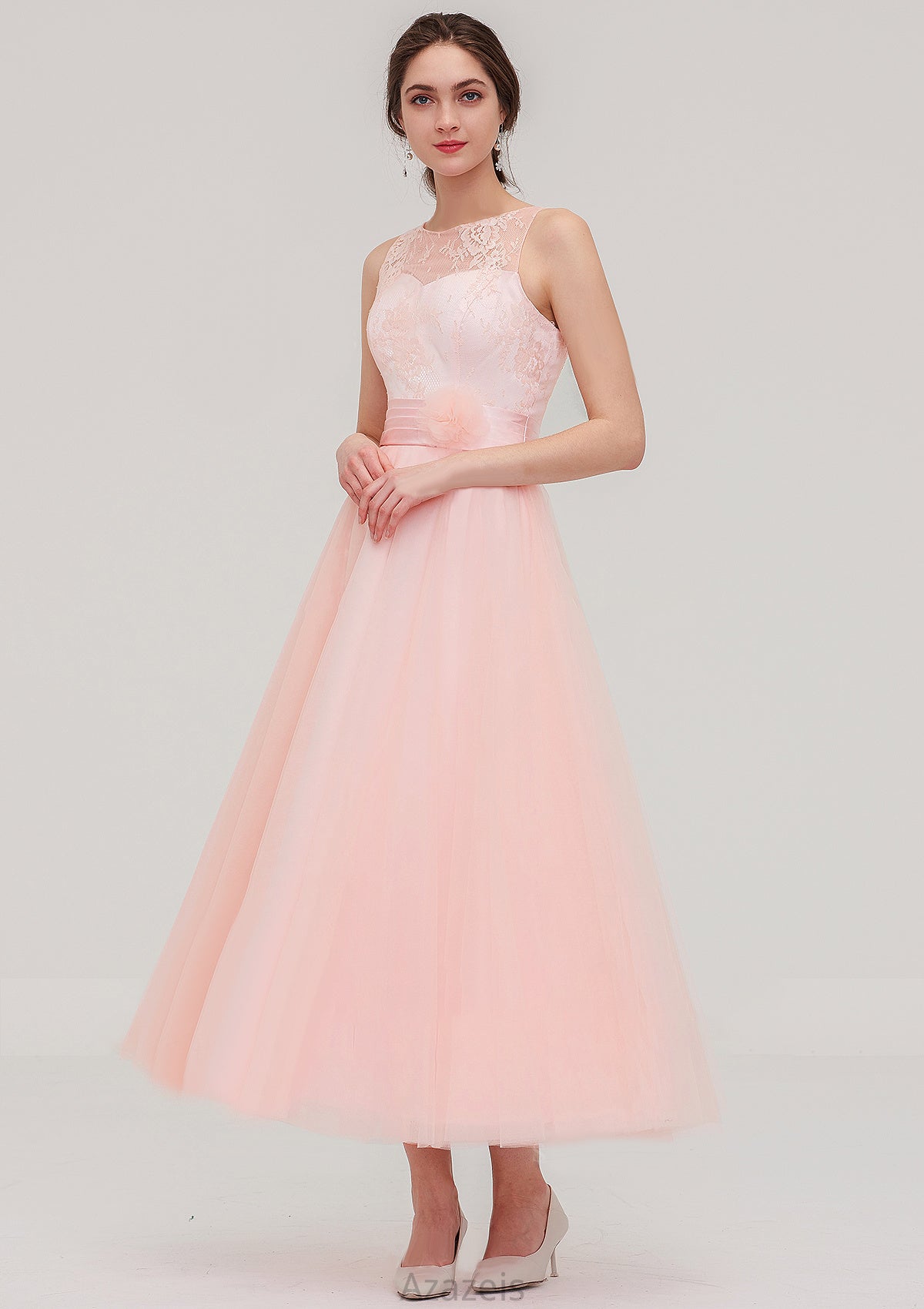 Tea-Length Sleeveless Bateau Tulle A-line/Princess Bridesmaid Dresses With Waistband Lace Heaven DFP0025429