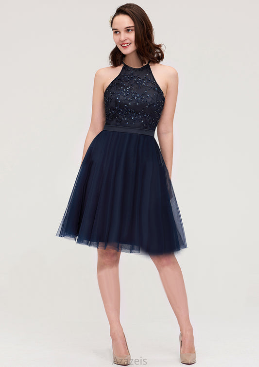 Sleeveless Halter Knee-Length Tulle A-line/Princess Bridesmaid Dresses With Sequins Appliqued Sashes Val DFP0025430