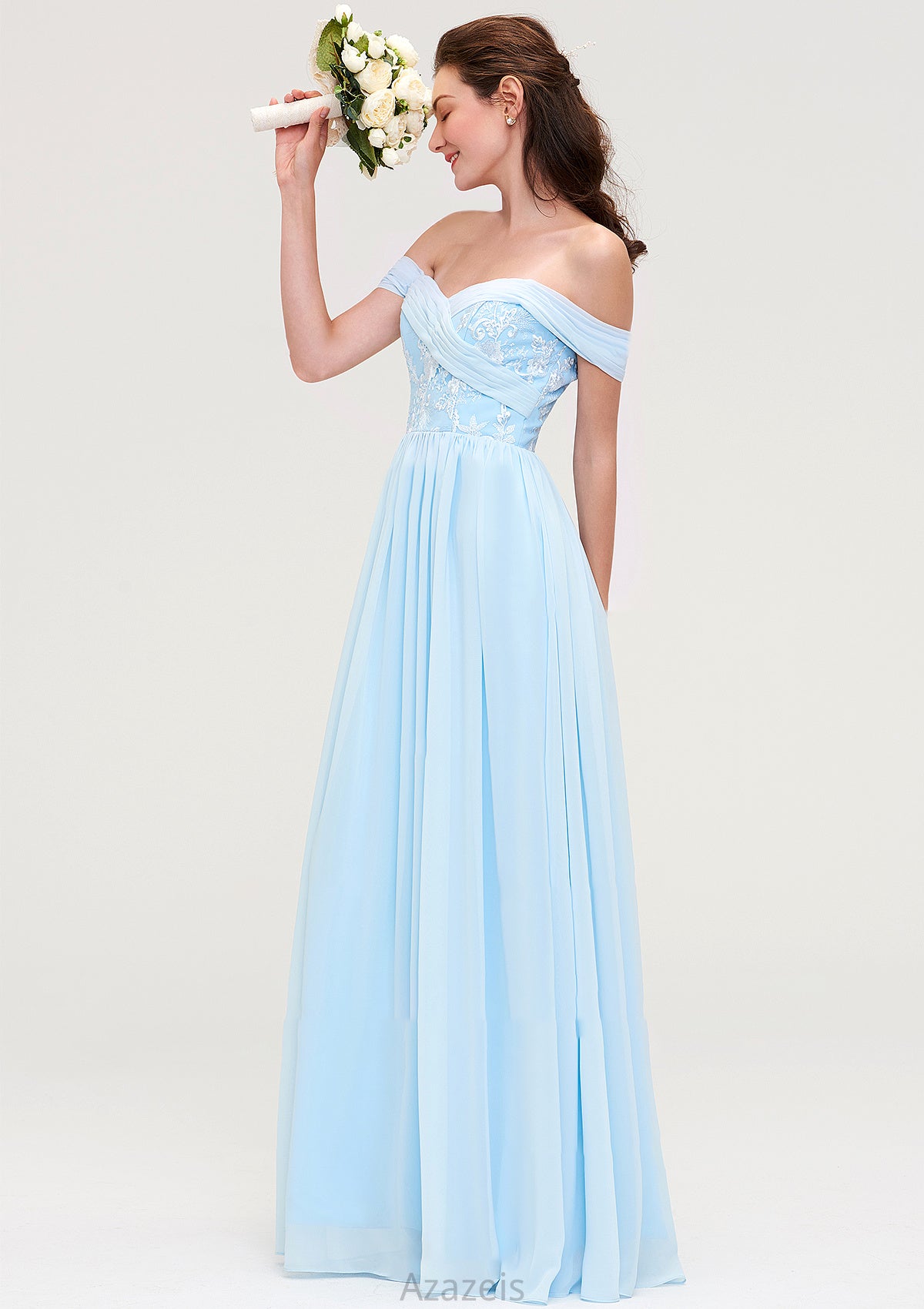 Off-the-Shoulder Sleeveless Chiffon A-line/Princess Long/Floor-Length Bridesmaid Dresseses With Pleated Appliqued Taniya DFP0025431