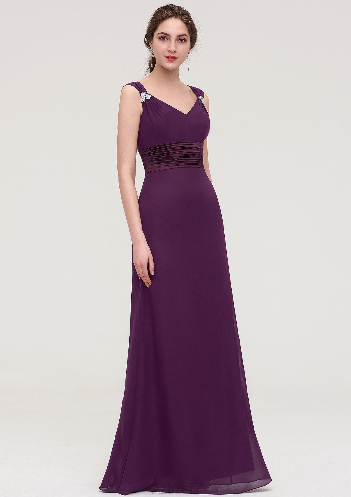 Sleeveless V Neck Long/Floor-Length Sheath/Column Chiffon Bridesmaid Dresses With Sashes Beading Pleated Estrella DFP0025432