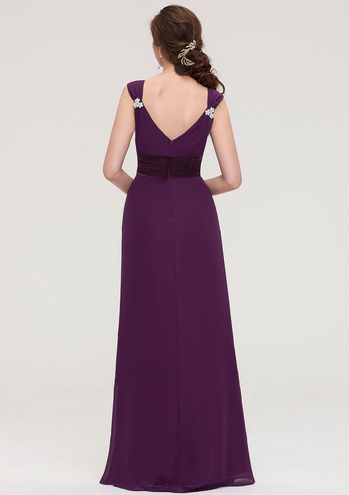 Sleeveless V Neck Long/Floor-Length Sheath/Column Chiffon Bridesmaid Dresses With Sashes Beading Pleated Estrella DFP0025432