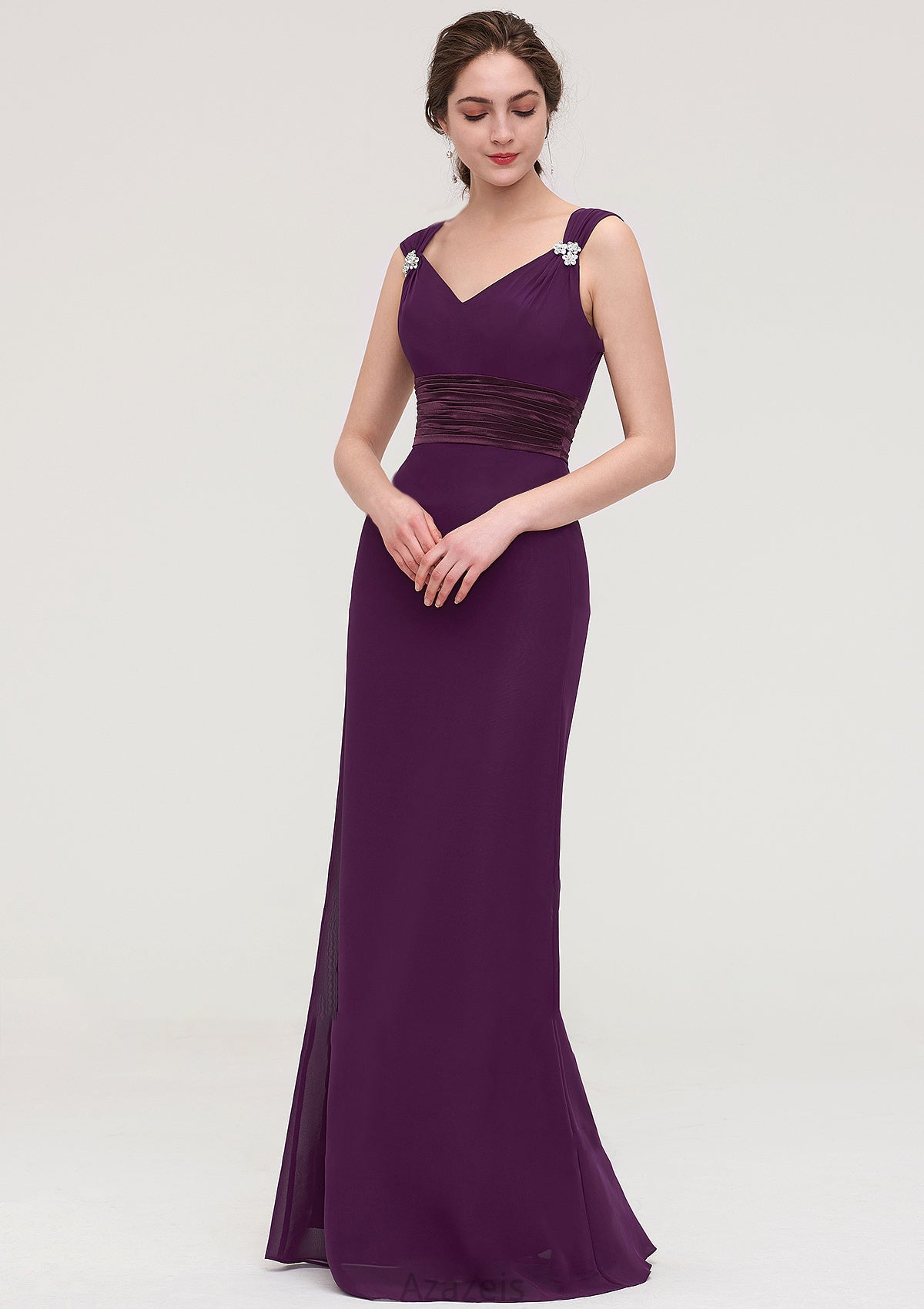 Sleeveless V Neck Long/Floor-Length Sheath/Column Chiffon Bridesmaid Dresses With Sashes Beading Pleated Estrella DFP0025432