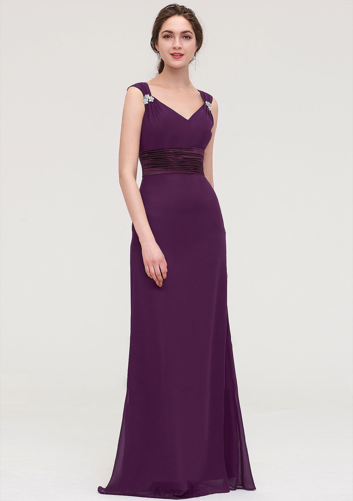 Sleeveless V Neck Long/Floor-Length Sheath/Column Chiffon Bridesmaid Dresses With Sashes Beading Pleated Estrella DFP0025432