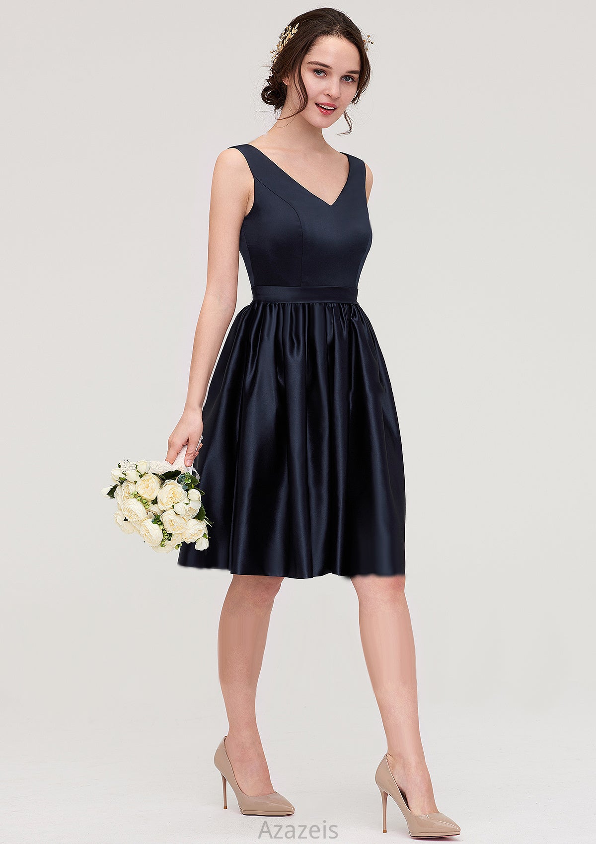 V Neck Sleeveless A-line/Princess Knee-Length Satin Bridesmaid Dresses With Pleated Meadow DFP0025433