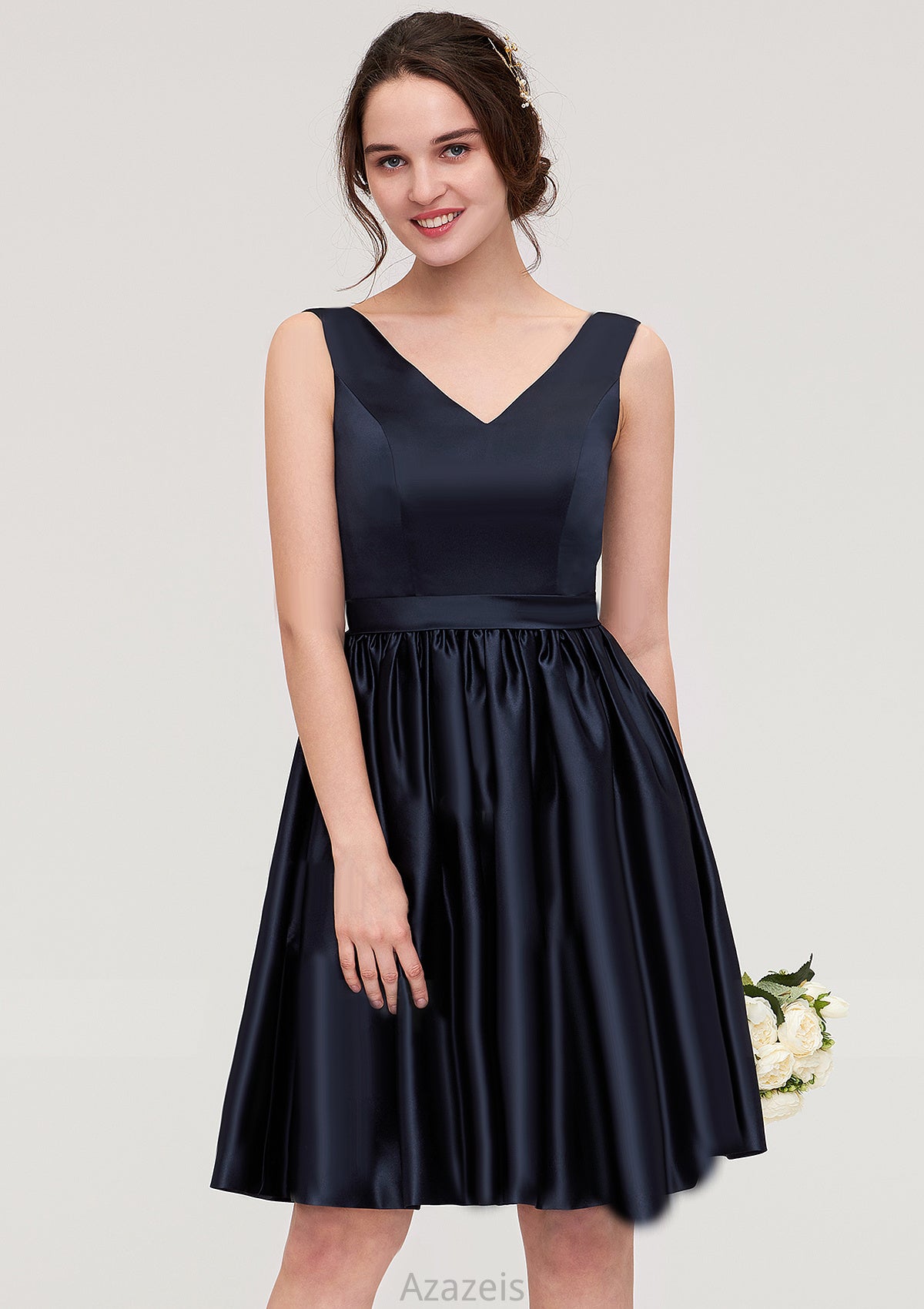 V Neck Sleeveless A-line/Princess Knee-Length Satin Bridesmaid Dresses With Pleated Meadow DFP0025433