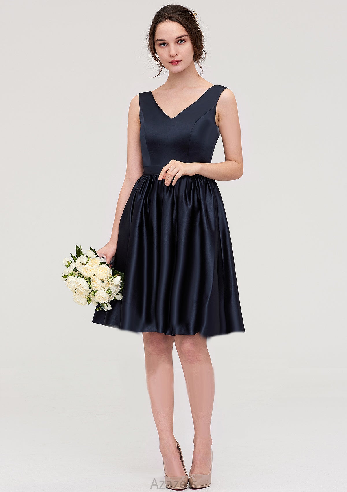 V Neck Sleeveless A-line/Princess Knee-Length Satin Bridesmaid Dresses With Pleated Meadow DFP0025433