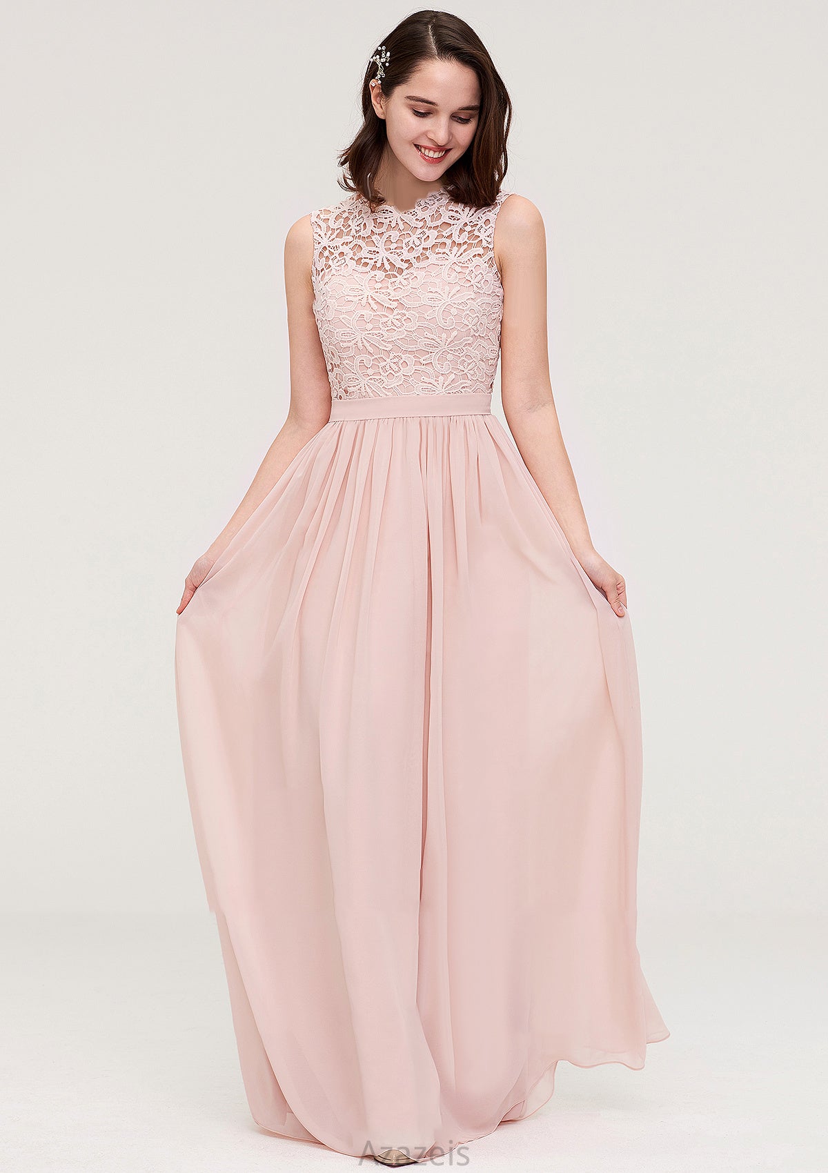 Sleeveless Scalloped Neck Long/Floor-Length Chiffon A-line/Princess Bridesmaid Dresses With Lace Vivien DFP0025434