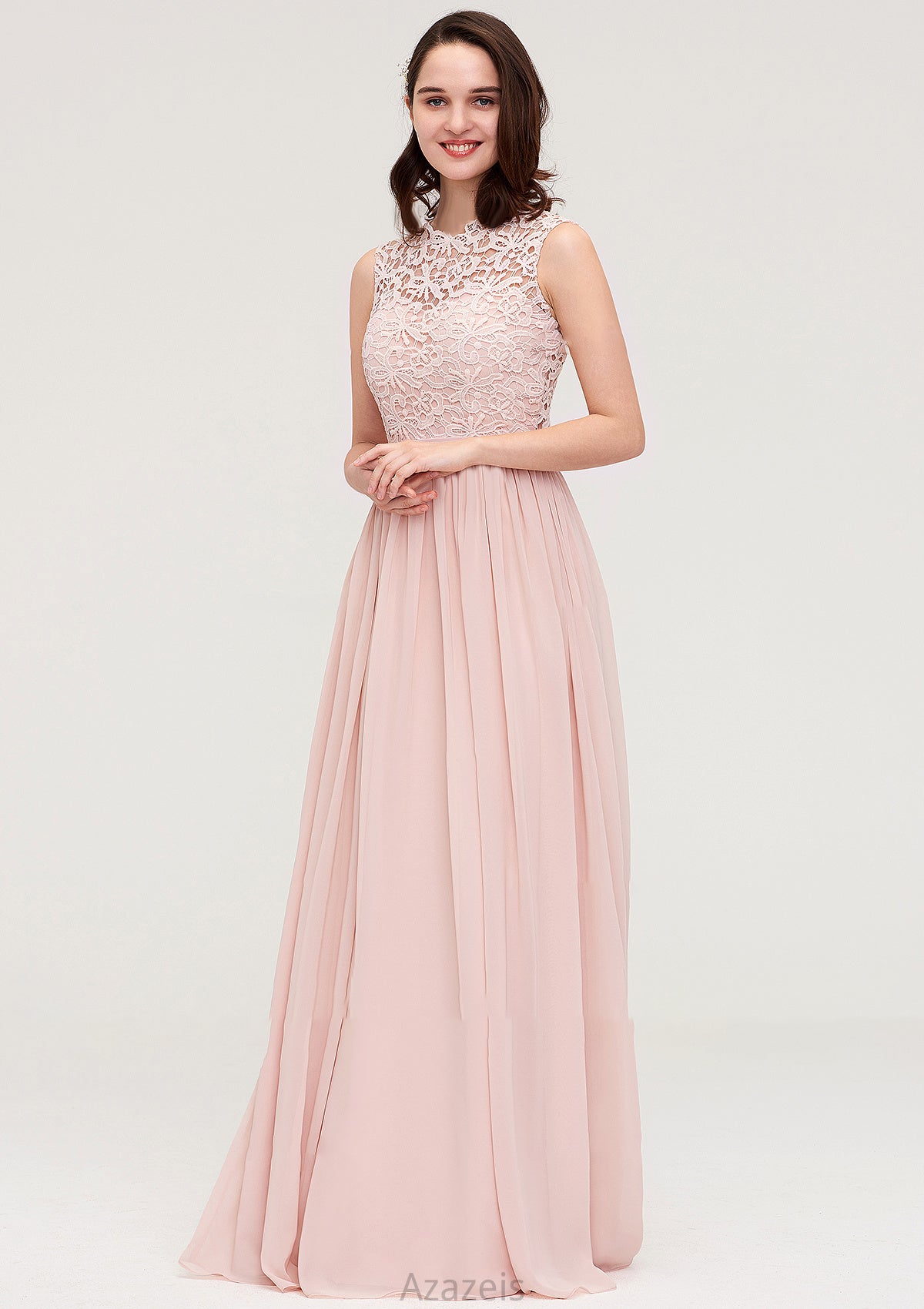 Sleeveless Scalloped Neck Long/Floor-Length Chiffon A-line/Princess Bridesmaid Dresses With Lace Vivien DFP0025434