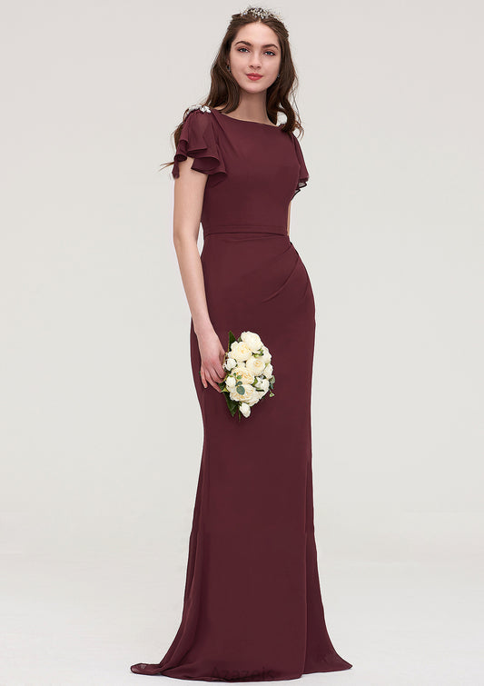 Short Sleeve Bateau Long/Floor-Length Sheath/Column Chiffon Bridesmaid Dresses With Crystal Detailing Sashes Eleanor DFP0025440