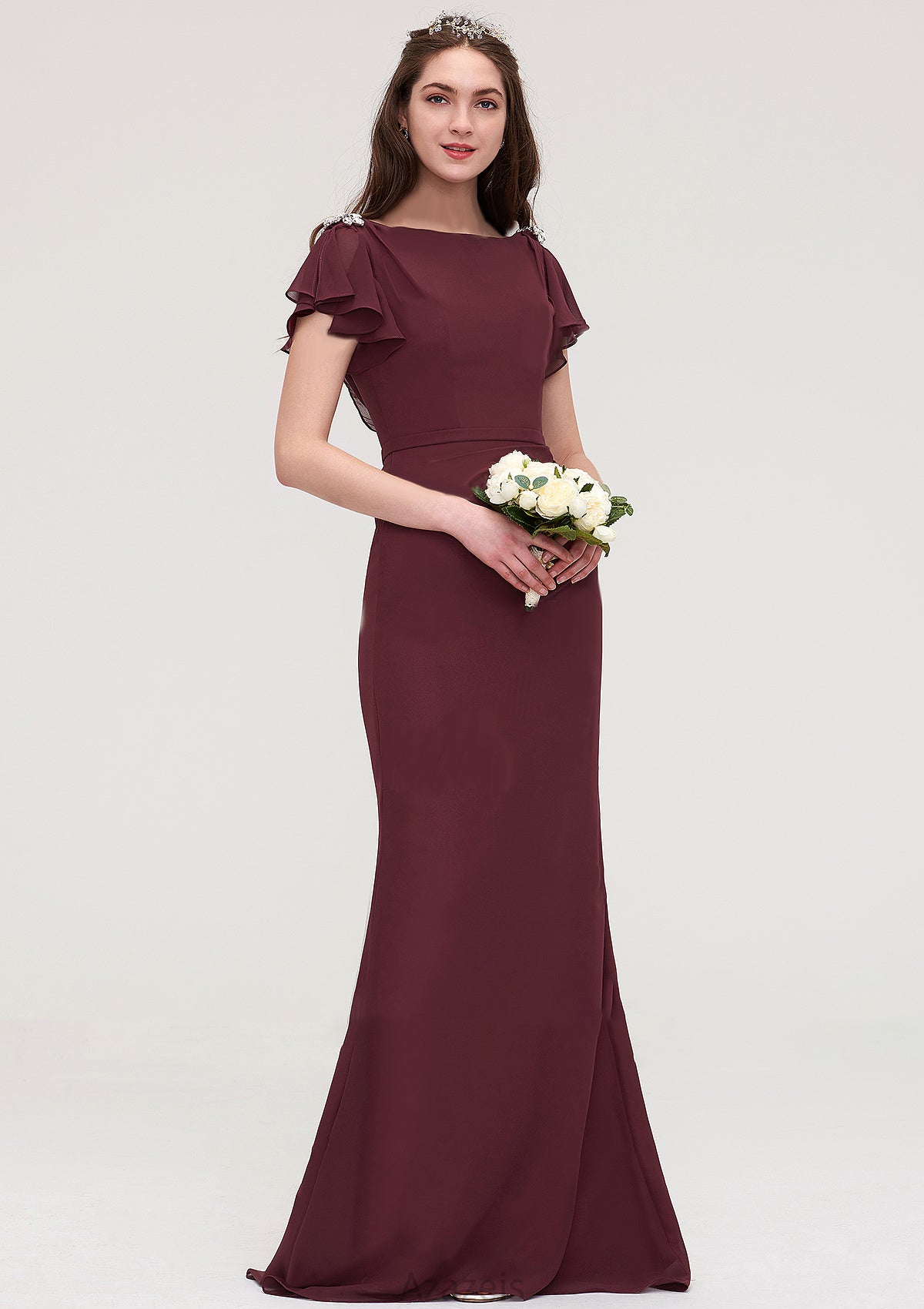 Short Sleeve Bateau Long/Floor-Length Sheath/Column Chiffon Bridesmaid Dresses With Crystal Detailing Sashes Eleanor DFP0025440