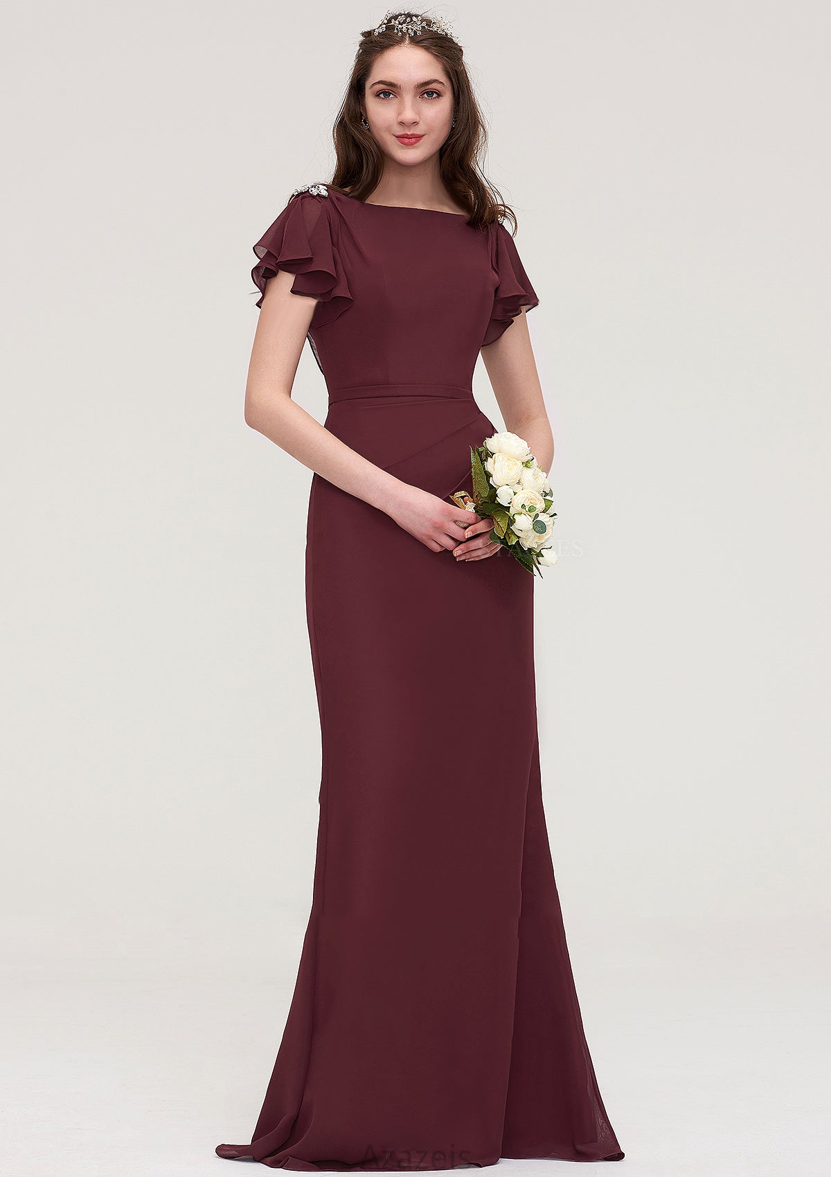 Short Sleeve Bateau Long/Floor-Length Sheath/Column Chiffon Bridesmaid Dresses With Crystal Detailing Sashes Eleanor DFP0025440