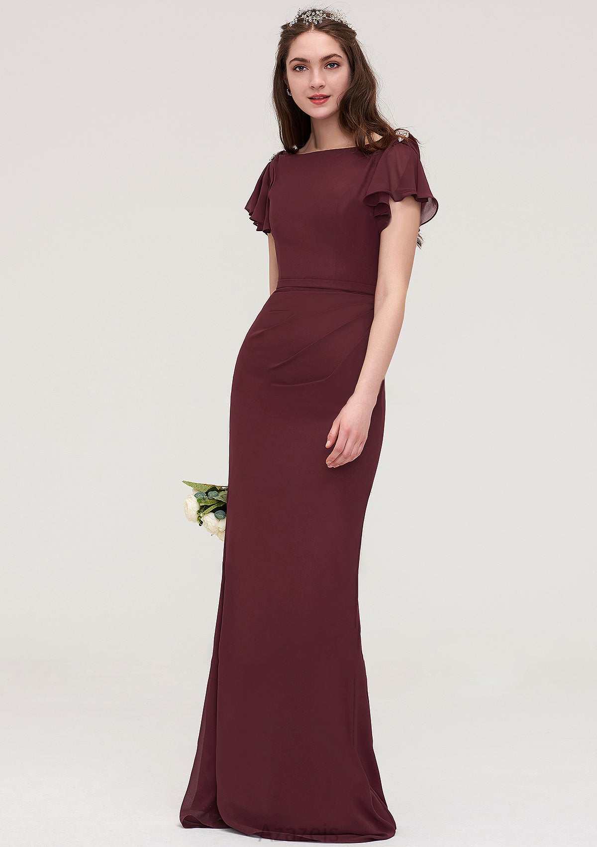 Short Sleeve Bateau Long/Floor-Length Sheath/Column Chiffon Bridesmaid Dresses With Crystal Detailing Sashes Eleanor DFP0025440