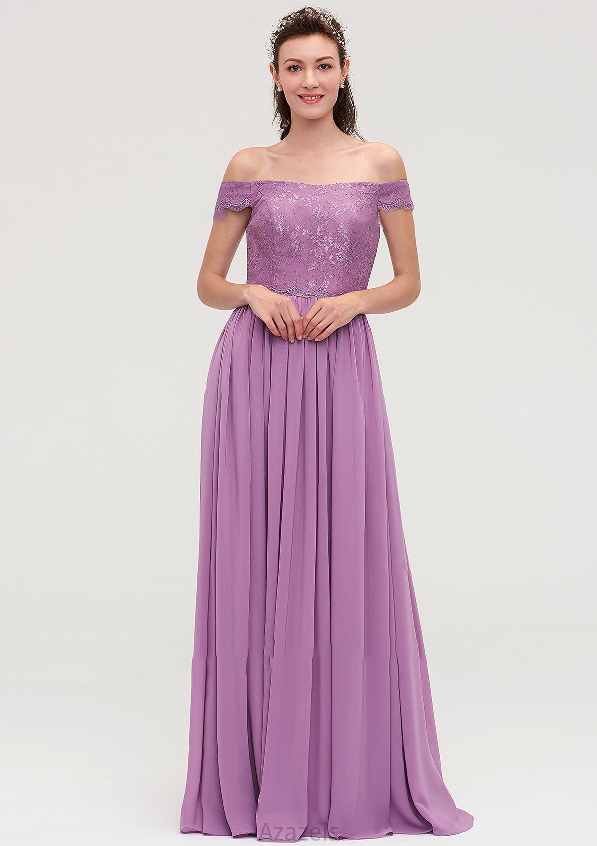 Sleeveless Off-the-Shoulder Long/Floor-Length Chiffon A-line/Princess Bridesmaid Dresseses With Appliqued Milagros DFP0025442