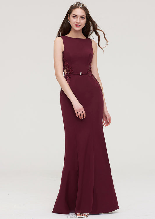 Bateau Sleeveless Sheath/Column Long/Floor-Length Elastic Satin Bridesmaid Dresses With Waistband Lace Sequins Abril DFP0025443