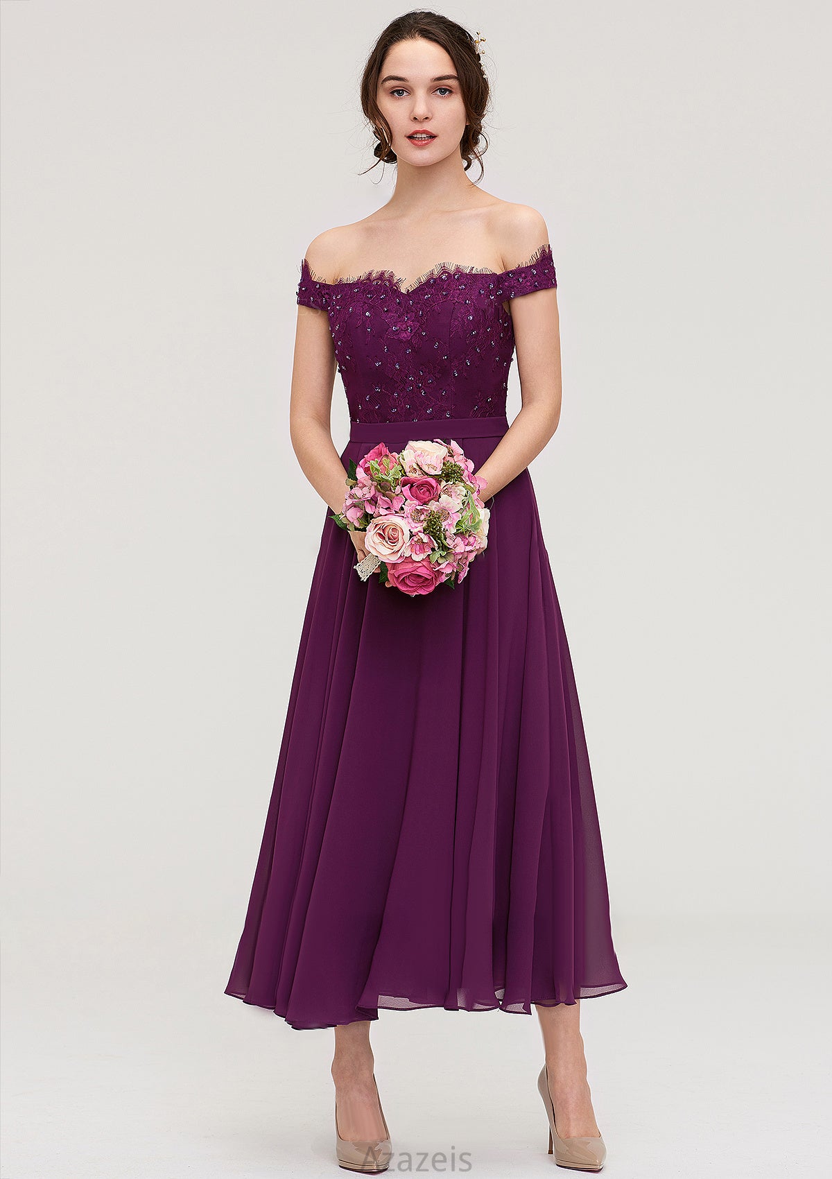 Off-the-Shoulder Sleeveless Tea-Length Chiffon A-line/Princess Bridesmaid Dresses With Lace Beading Annie DFP0025446