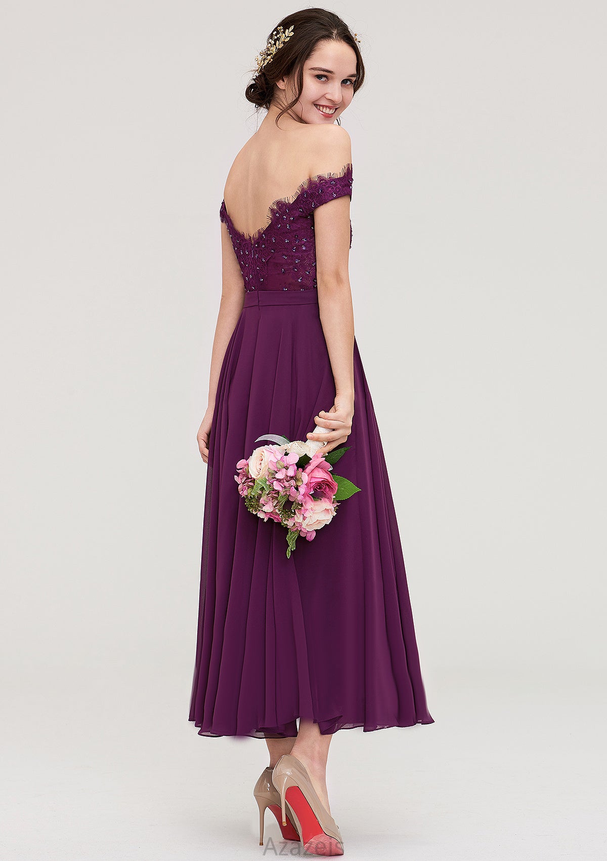 Off-the-Shoulder Sleeveless Tea-Length Chiffon A-line/Princess Bridesmaid Dresses With Lace Beading Annie DFP0025446