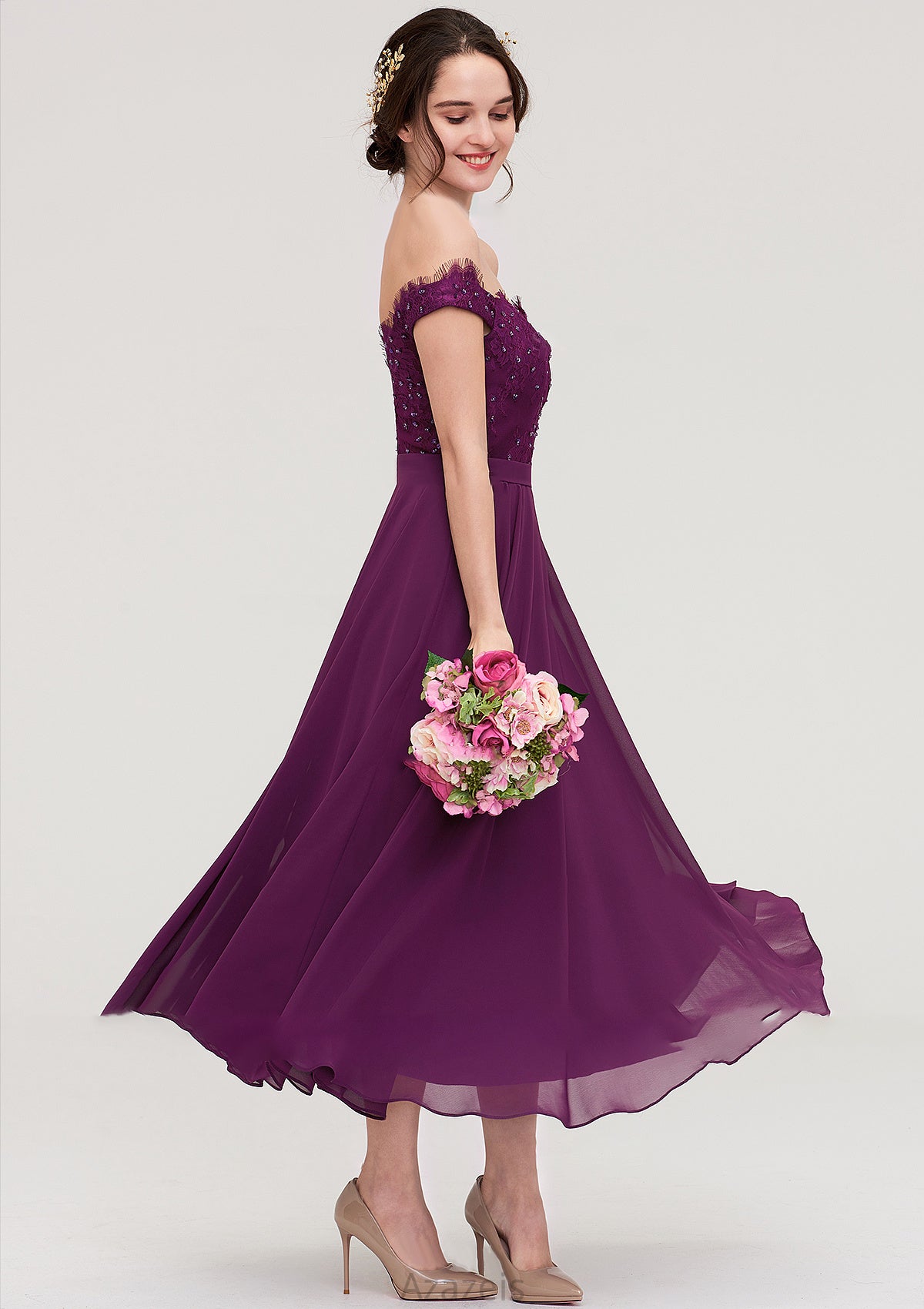 Off-the-Shoulder Sleeveless Tea-Length Chiffon A-line/Princess Bridesmaid Dresses With Lace Beading Annie DFP0025446