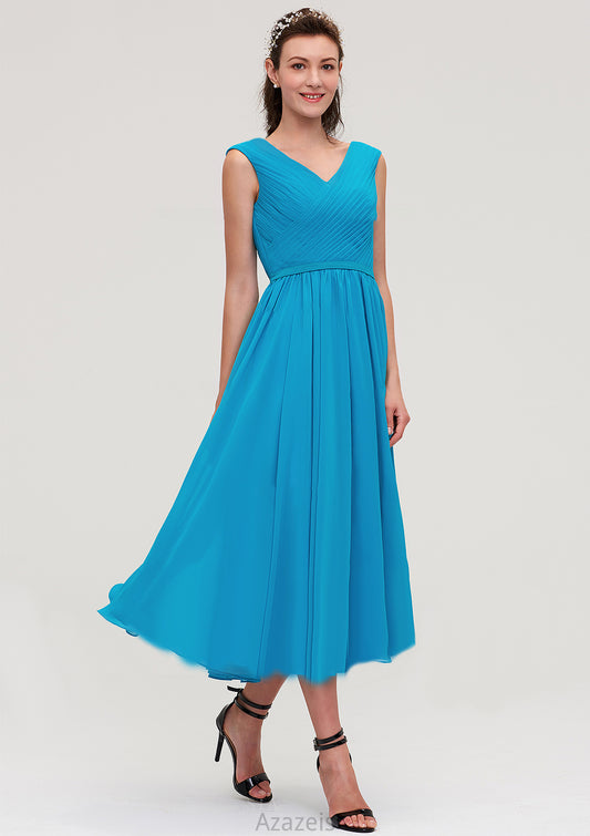 Sleeveless V Neck Tea-Length Chiffon A-line/Princess Bridesmaid Dresseses With Pleated Estrella DFP0025448