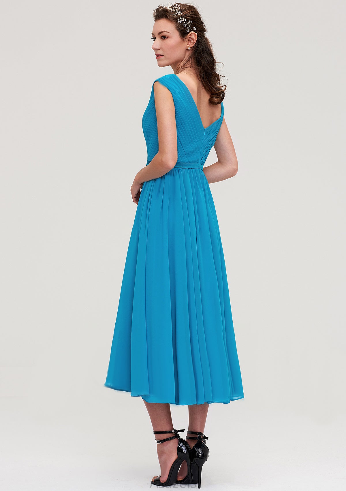 Sleeveless V Neck Tea-Length Chiffon A-line/Princess Bridesmaid Dresseses With Pleated Estrella DFP0025448