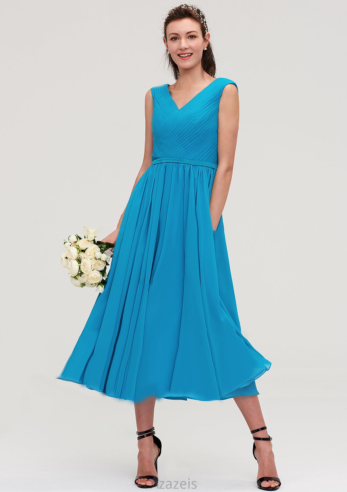 Sleeveless V Neck Tea-Length Chiffon A-line/Princess Bridesmaid Dresseses With Pleated Estrella DFP0025448