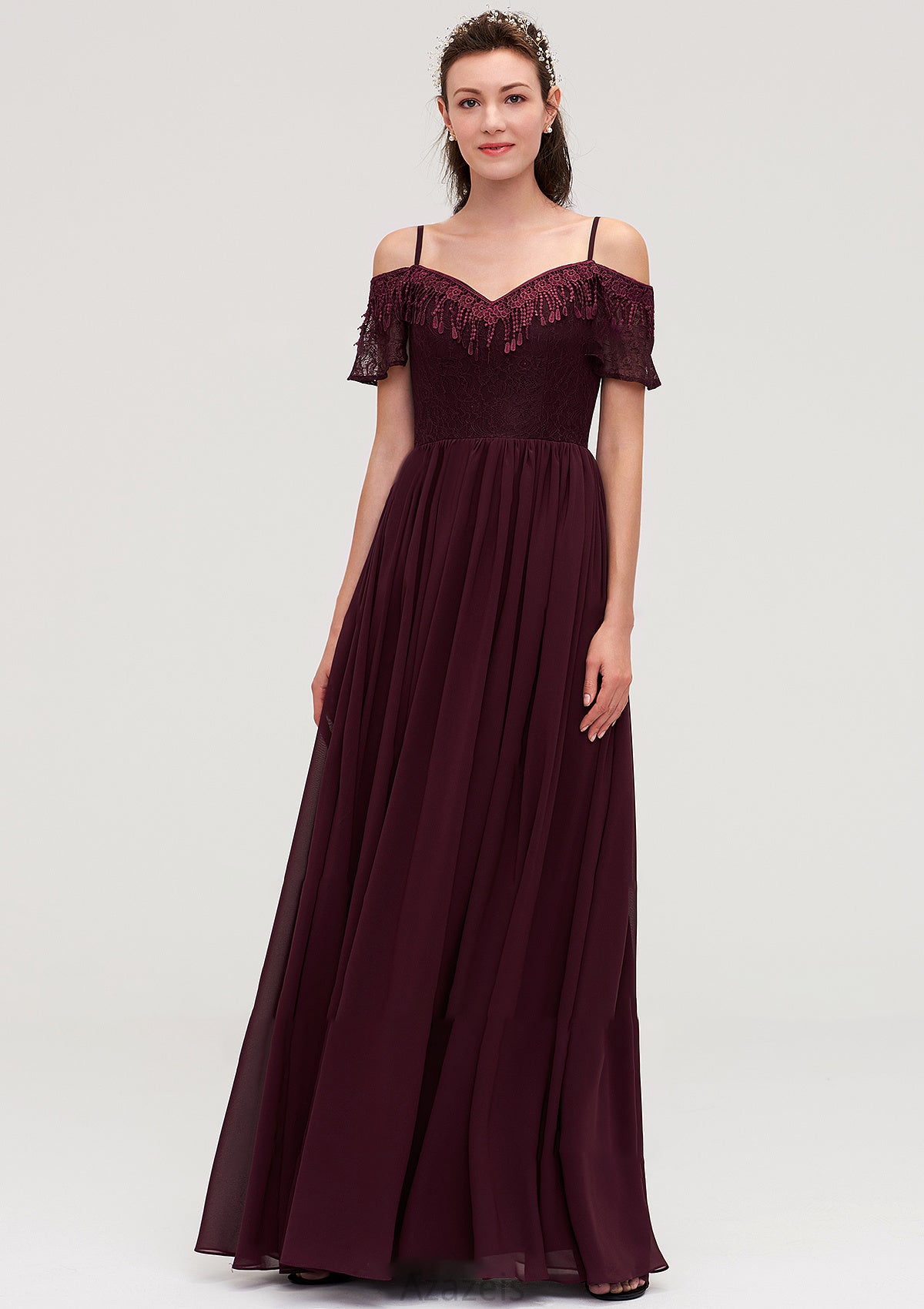 Off-the-Shoulder Sleeveless Chiffon A-line/Princess Long/Floor-Length Bridesmaid Dresseses With Lace Harriet DFP0025449