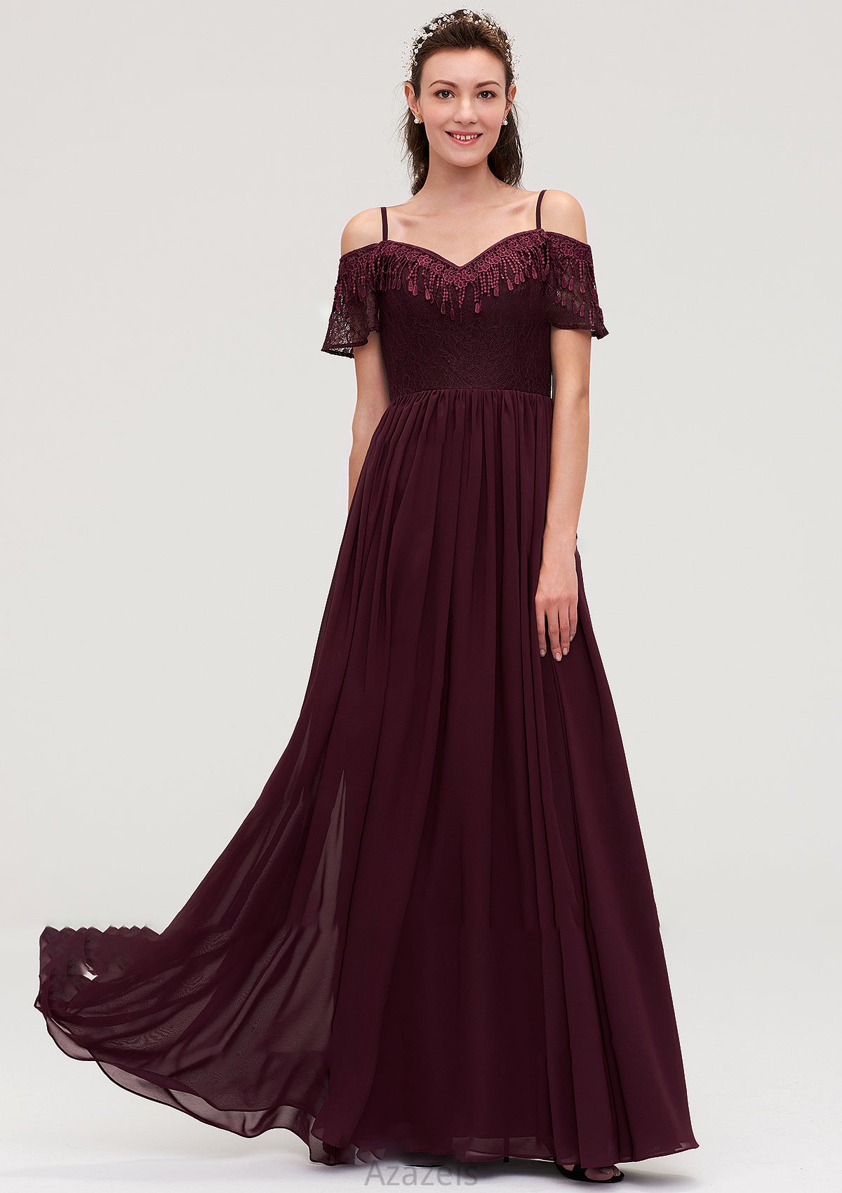 Off-the-Shoulder Sleeveless Chiffon A-line/Princess Long/Floor-Length Bridesmaid Dresseses With Lace Harriet DFP0025449