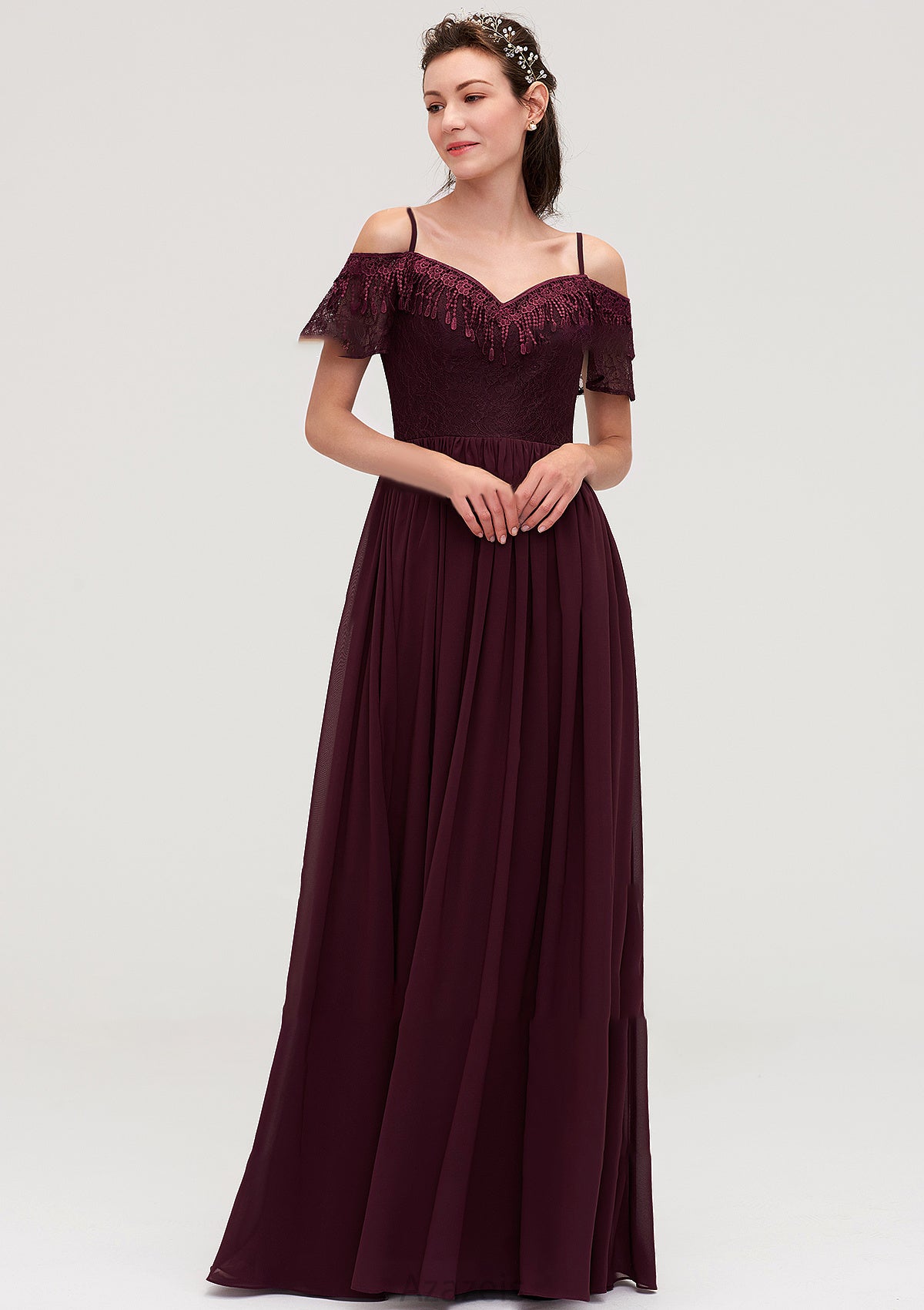 Off-the-Shoulder Sleeveless Chiffon A-line/Princess Long/Floor-Length Bridesmaid Dresseses With Lace Harriet DFP0025449